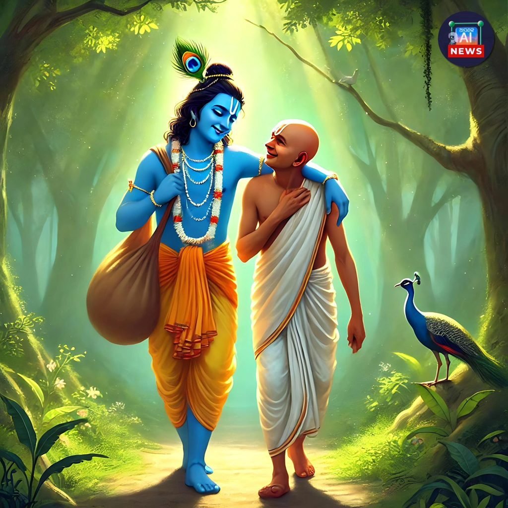 Lord Krishna walking with his childhood friend Sudama in a peaceful forest, symbolizing true friendship and devotion.